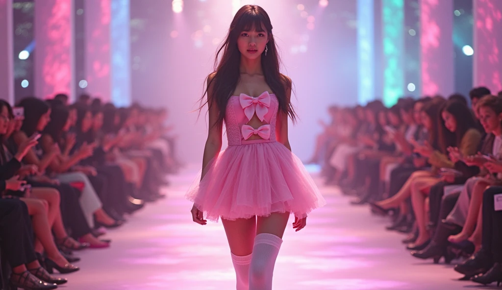 Real model in anime-inspired dress on runway for sexy anime girls fashion.