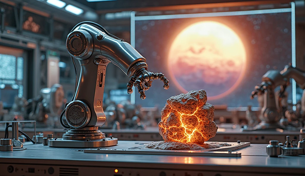 Robotic arm analyzing Martian rock for life signs basics.