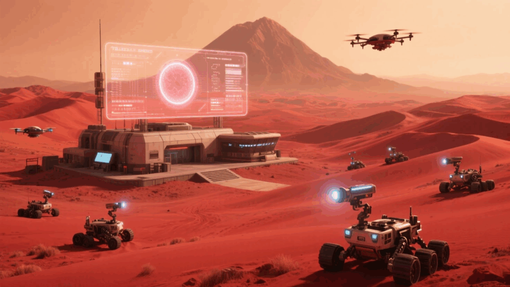 Mars base with rovers for exploration boom.