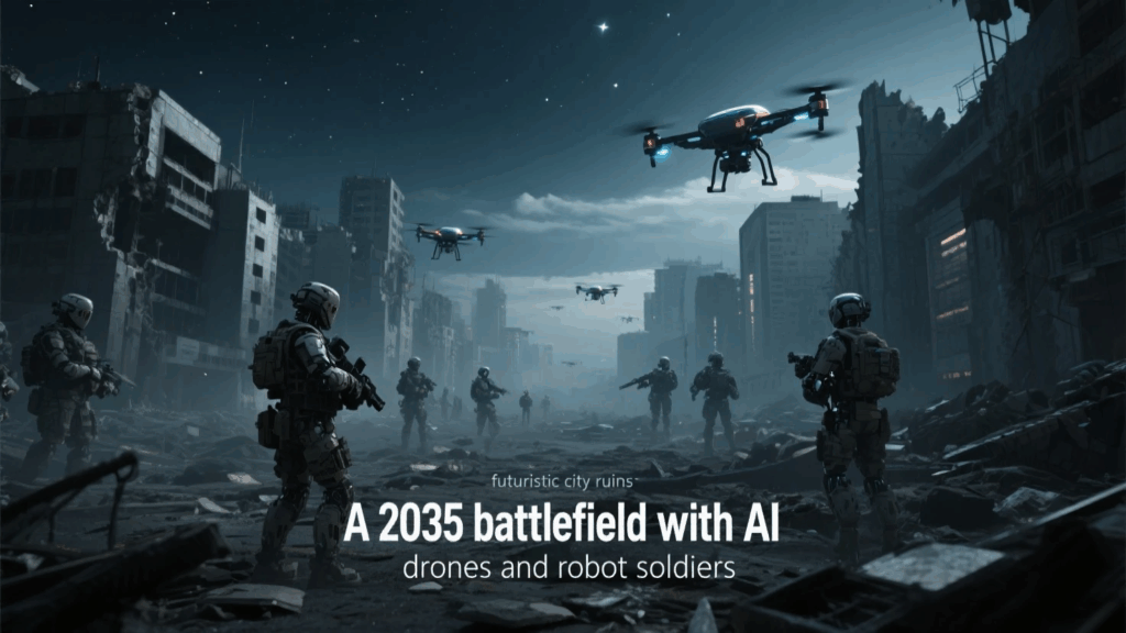 AI drones and robots for future war tech section.