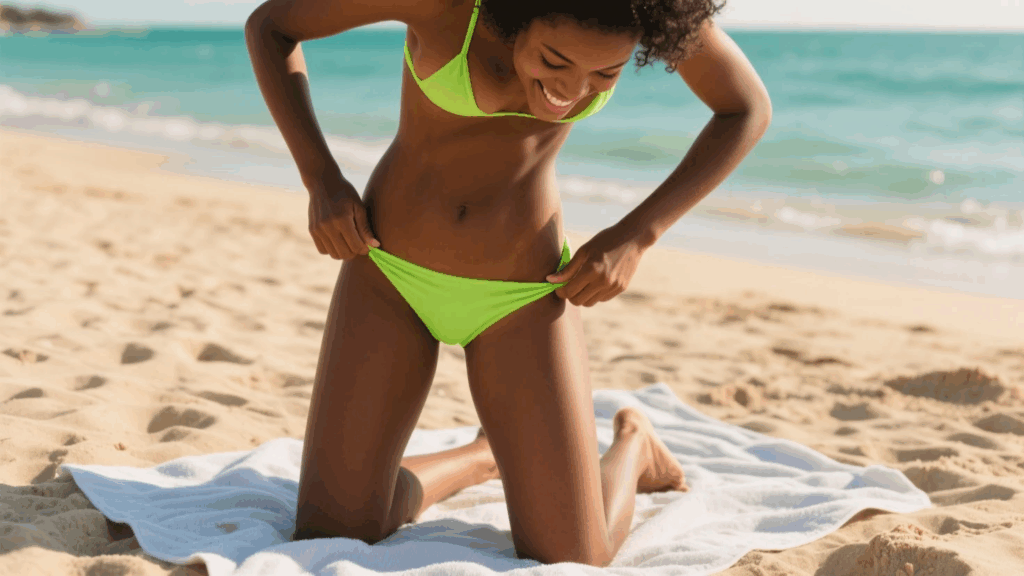 Black model in a neon green bikini embracing summer swimwear trends for 2025 on a sunny beach.