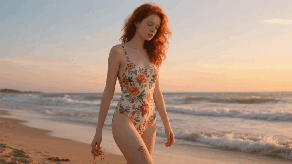 Redhead model in a floral one-piece rocking summer swimwear trends for 2025 at sunset.