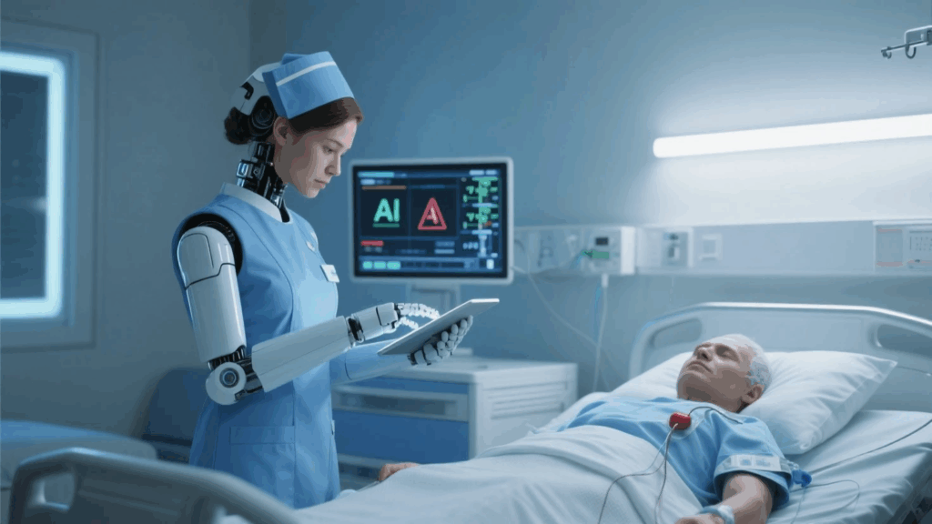 Nursing robot and nurse collaborating in the AI healthcare revolution.