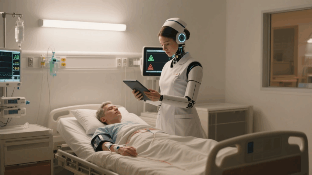 Futuristic hospital showcasing AI healthcare revolution in diagnostics and surgery.