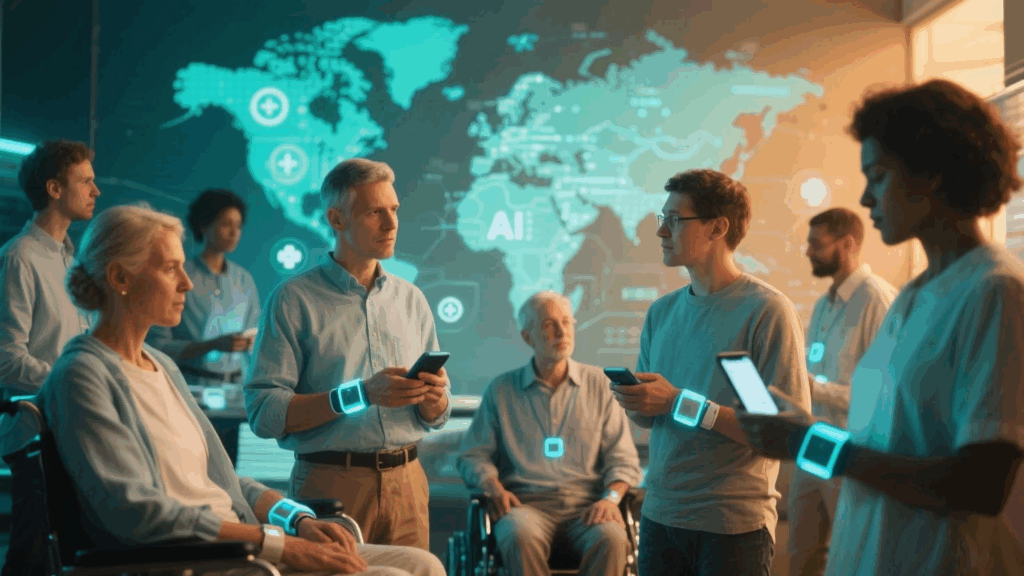 Global patients connected by wearables in the AI healthcare revolution.