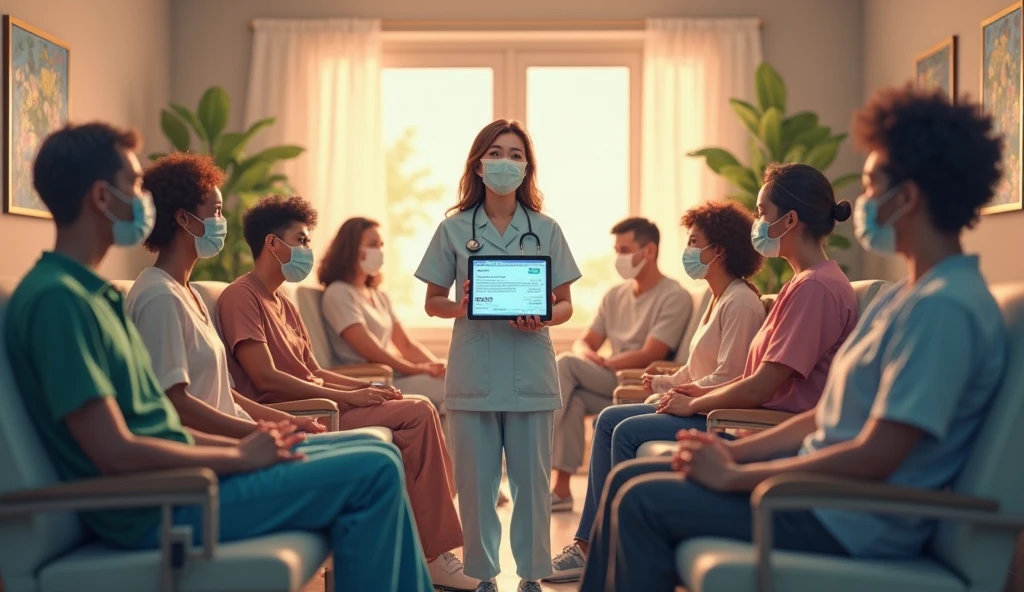 Patients in a clinic awaiting COVID symptoms 2025 diagnosis.

