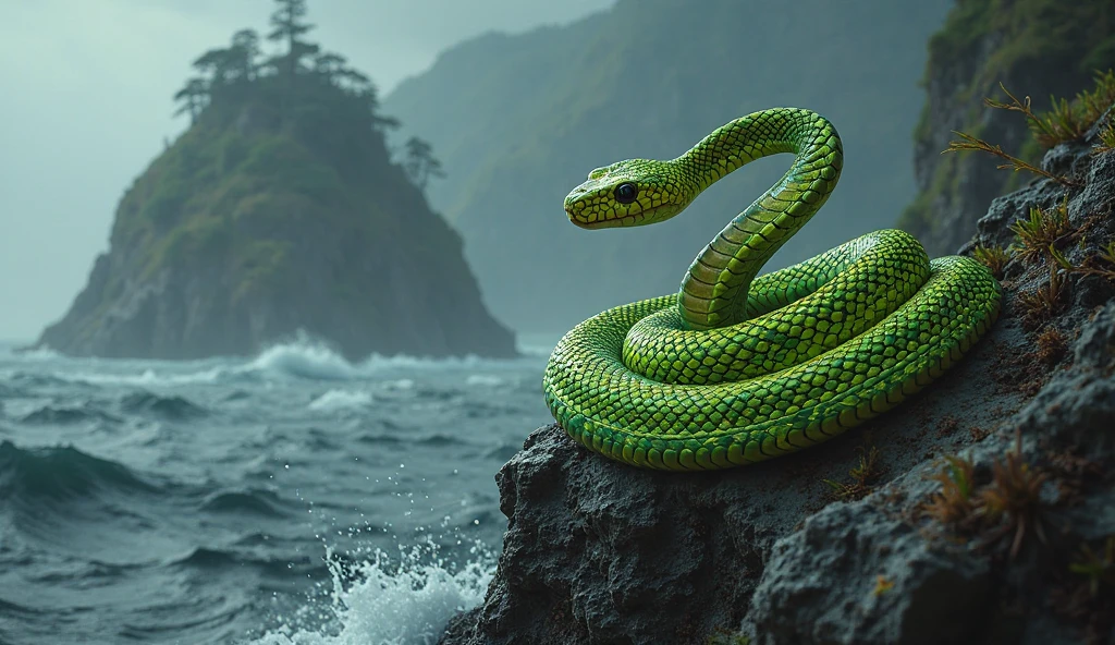 Golden lancehead viper on Snake Island, Brazil, a dangerous place with deadly snakes.