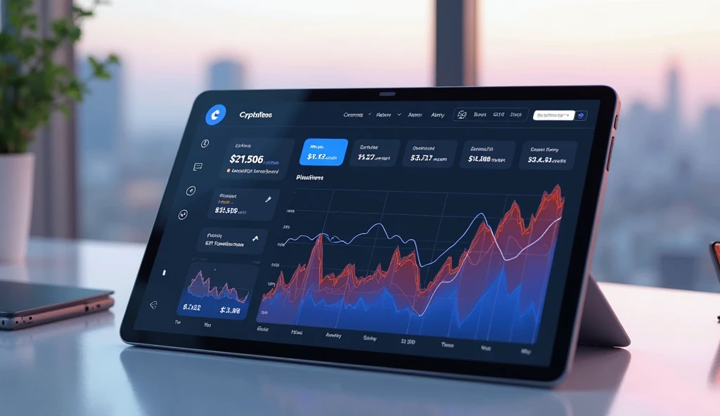 Futuristic crypto portfolio dashboard showing rising charts for Ethereum, XRP, SUI, and Aptos.

