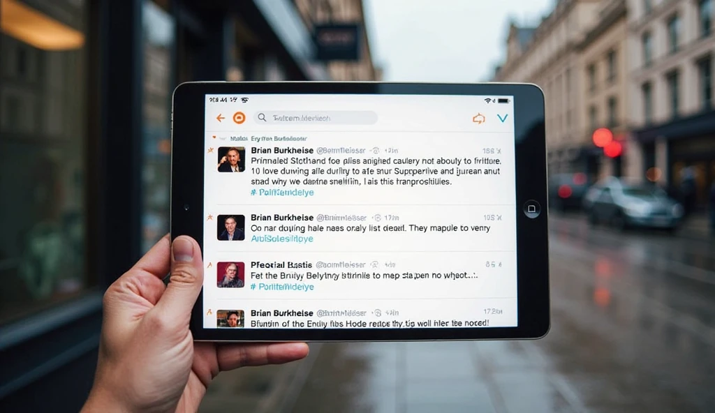 Social media feed with X posts about Brian Burkheiser’s I Prevail exit, set against a London street.