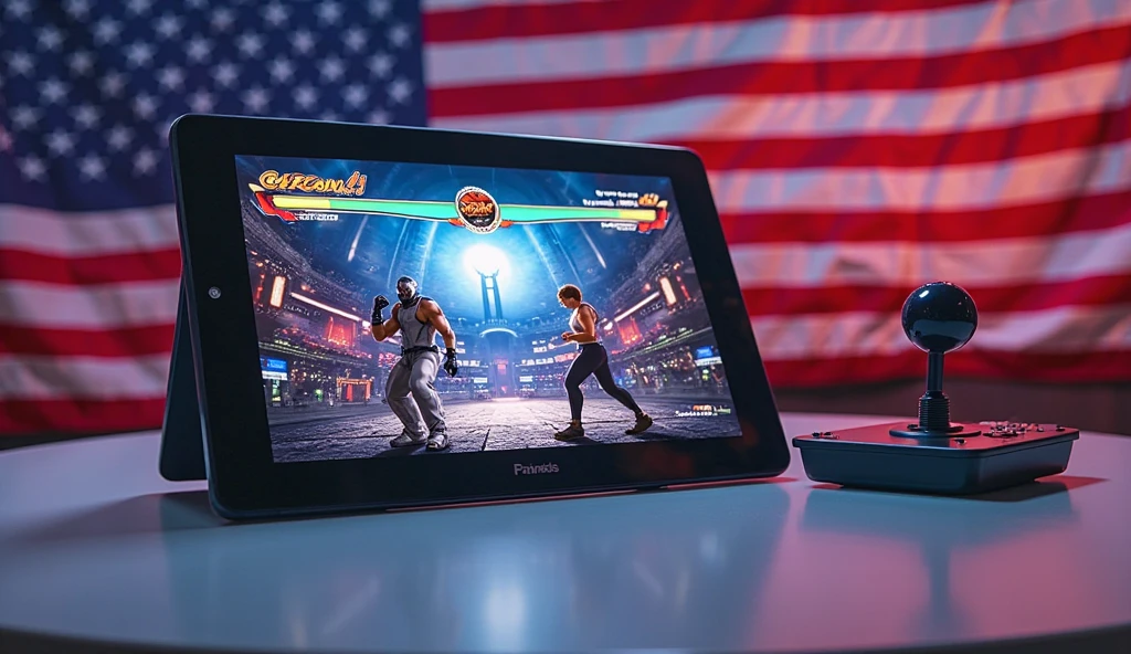 Twitch stream of Capcom vs. SNK 2 from Capcom Fighting Collection 2, set against US flag and arcade vibe.