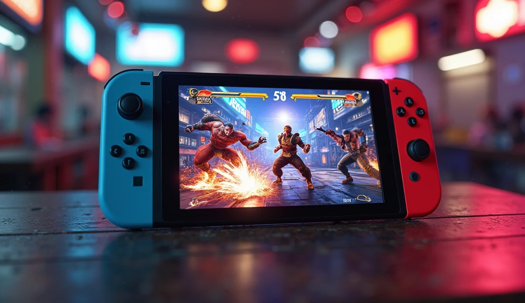 Nintendo Switch playing Project Justice from Capcom Fighting Collection 2, set in a US arcade.