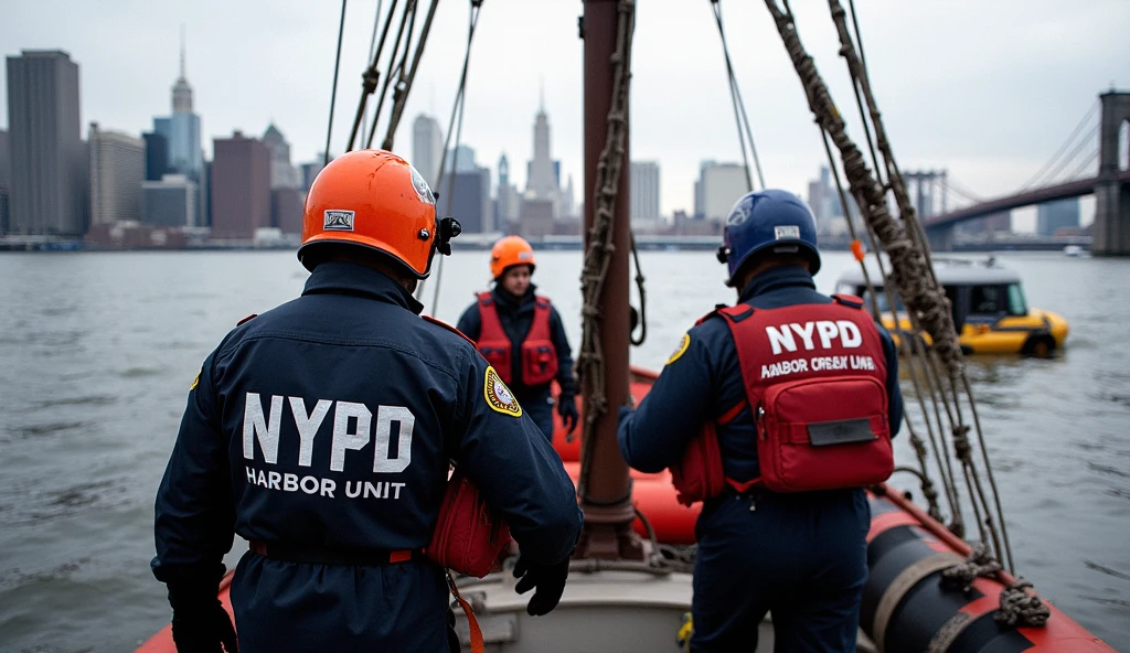 NYPD Harbor Unit rescues sailors from the ARM Cuauhtémoc after its collision with the Brooklyn Bridge.