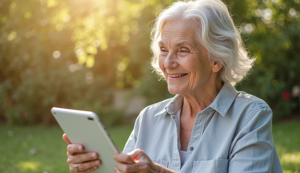 Elderly woman smiling at her AI companion on a tablet, showcasing the AI companions trend.