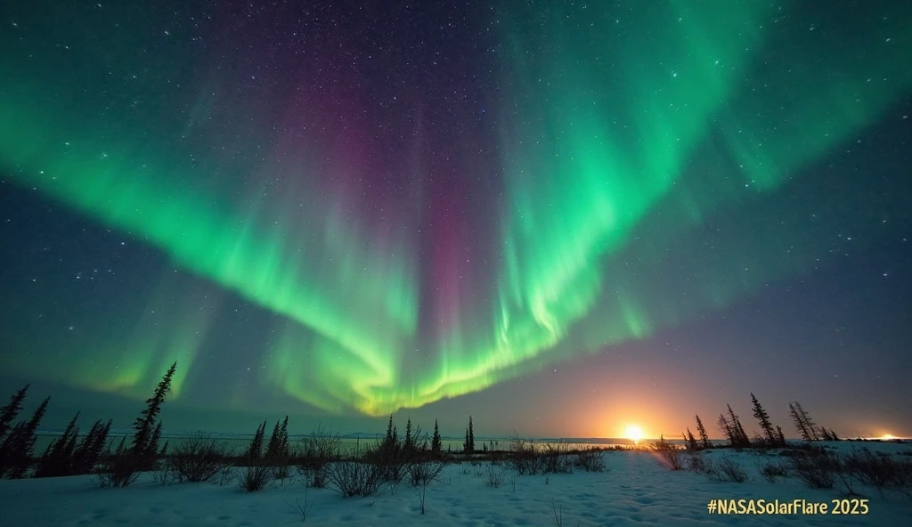 Auroras over the northern U.S., potentially caused by a CME, tracked by NASA in the NASA solar flare 2025 study