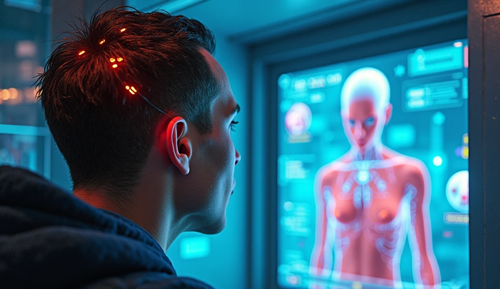 Photorealistic person with Neuralink in gaming pod controlling avatar for AI