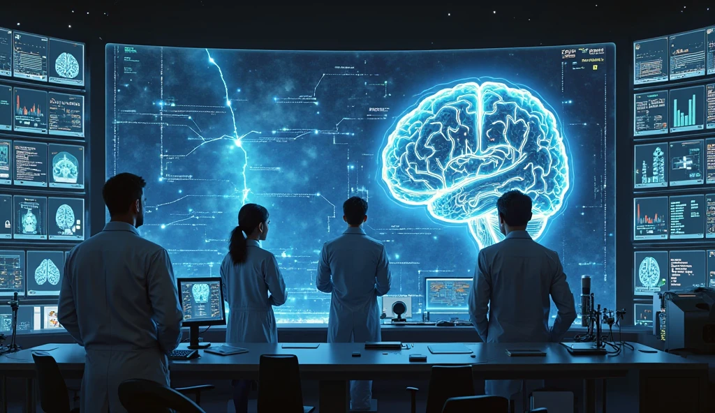 Photorealistic neuroscience lab with Neuralink brain scans for Neuralink and Black Mirror.