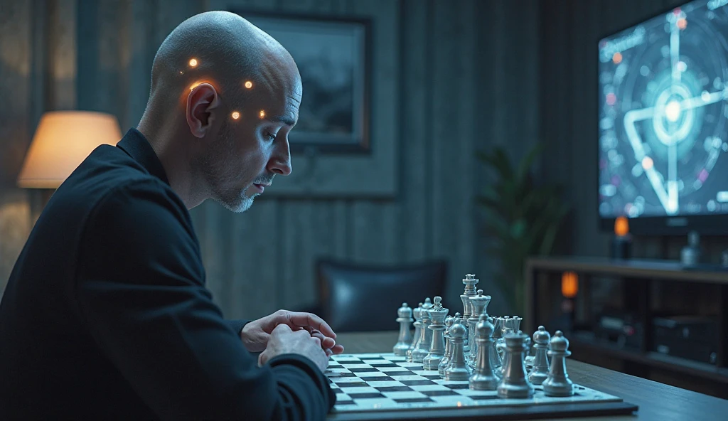 Photorealistic person with Neuralink controlling chessboard for Neuralink