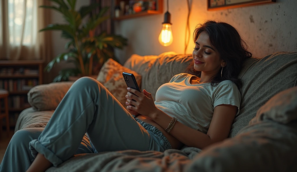 trans woman Priya scrolling on phone in Mumbai apartment for trans individuals and trans empowerment.