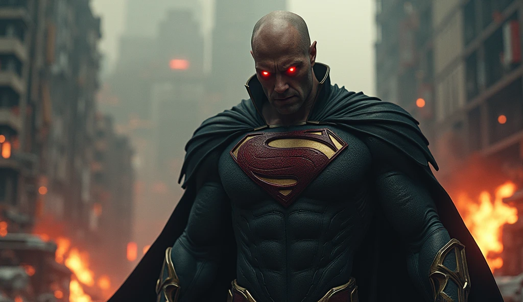 1930s sci-fi comic cover featuring a bald, villainous Superman with glowing red eyes, standing over a chaotic city, highlighting the dark Superman origins