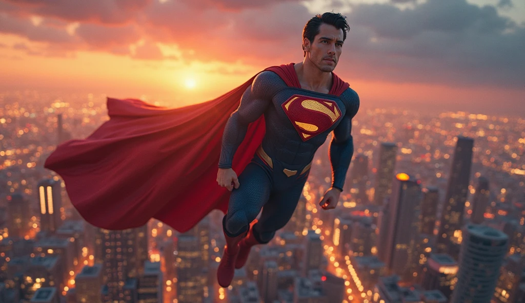 Superman flying over Metropolis at dusk with a billowing cape, capturing the evolution of his powers in Superman origins.