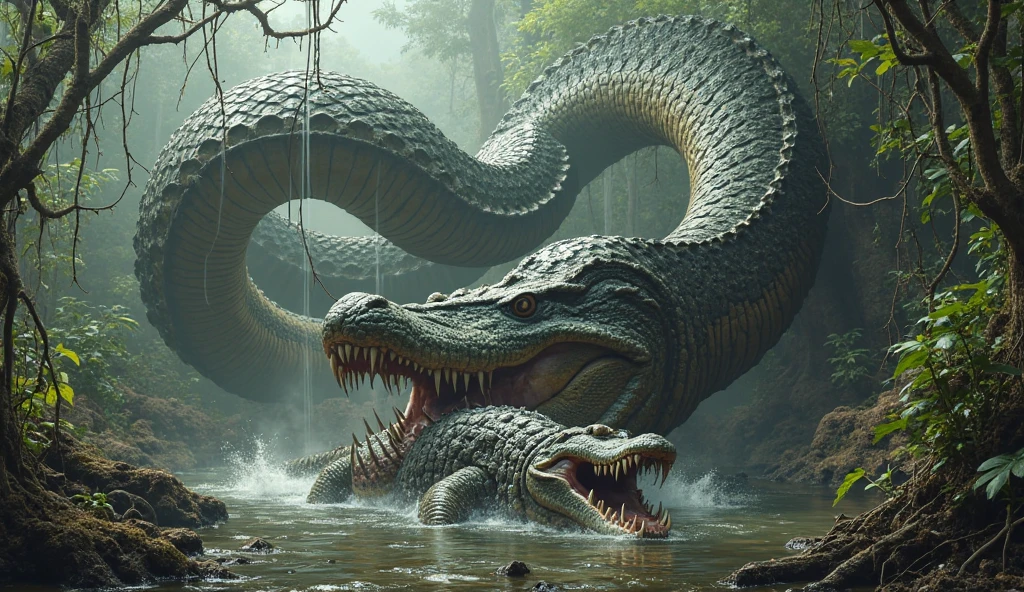 Titanoboa snake in a jungle swamp, showcasing unbelievable creatures with its colossal, menacing coils

