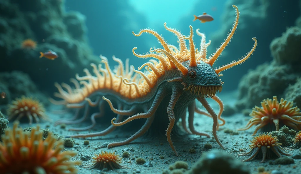 Hallucigenia worm on a Cambrian seafloor, showcasing unbelievable creatures with its alien, spine-covered form

