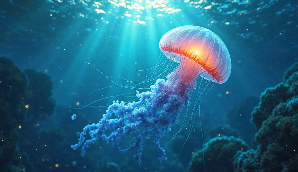 Turritopsis dohrnii jellyfish in the sea, embodying unbelievable creatures with its immortal, ethereal glow.

