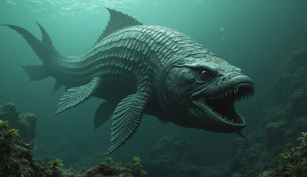 Dunkleosteus fish in a Devonian sea, embodying unbelievable creatures with its monstrous, armored form

