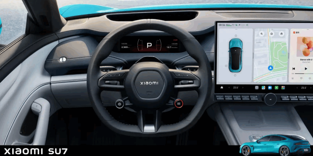 Photorealistic Xiaomi SU7 interior with HyperOS for 1000 km range and electric car.


