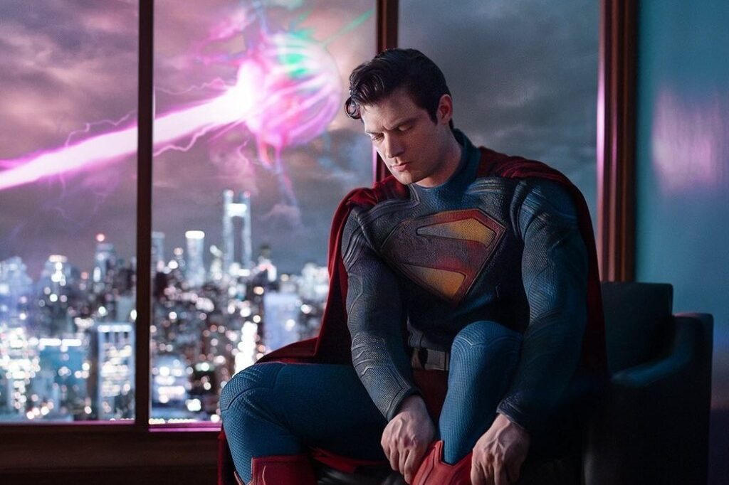 David Corenswet as Superman, soaring with heroic grace in Superman.