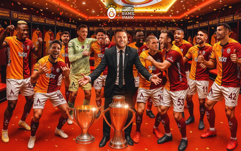 Galatasaray 2025 Süper Lig Champions celebrate their 25th title on the RAMS Park pitch, with the five-star crest glowing and fans waving red and yellow flags.