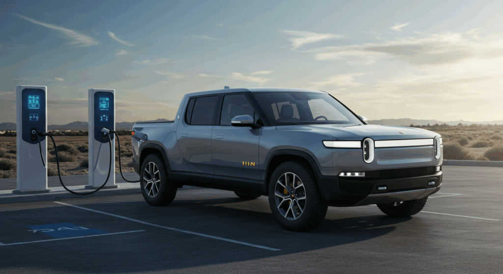 Rivian truck charging for EV tech.