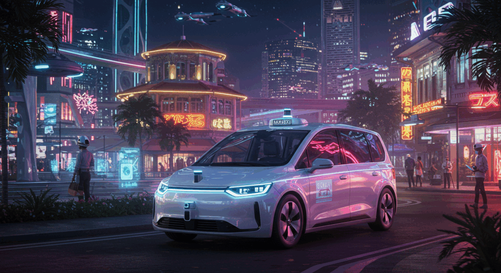 Autonomous EV in futuristic city.
