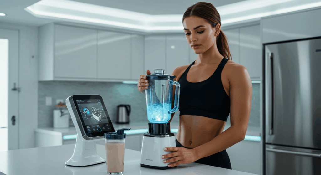 Beautiful woman preparing protein shake for bodybuilding nutrition.
