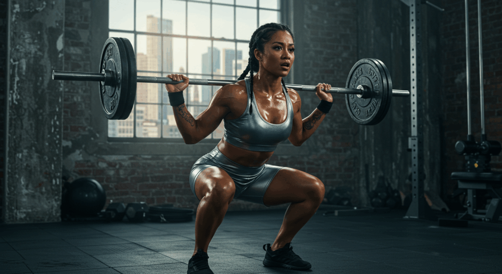Gorgeous woman squatting for bodybuilding challenges.