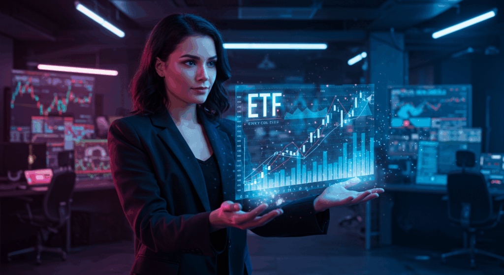 Woman with ETF chart in crypto hub for altcoin rally guide.