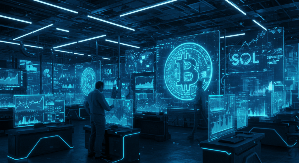 Futuristic exchange with BTC and SOL for ETF importance.