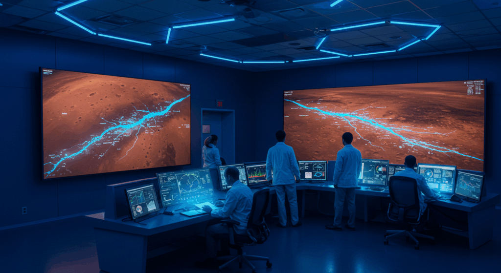 Holographic Mars rivers in control room for habitability.