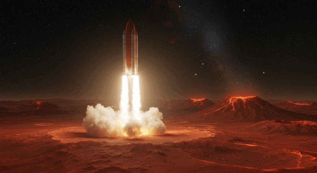 Sample-return rocket on Mars for future life searches.