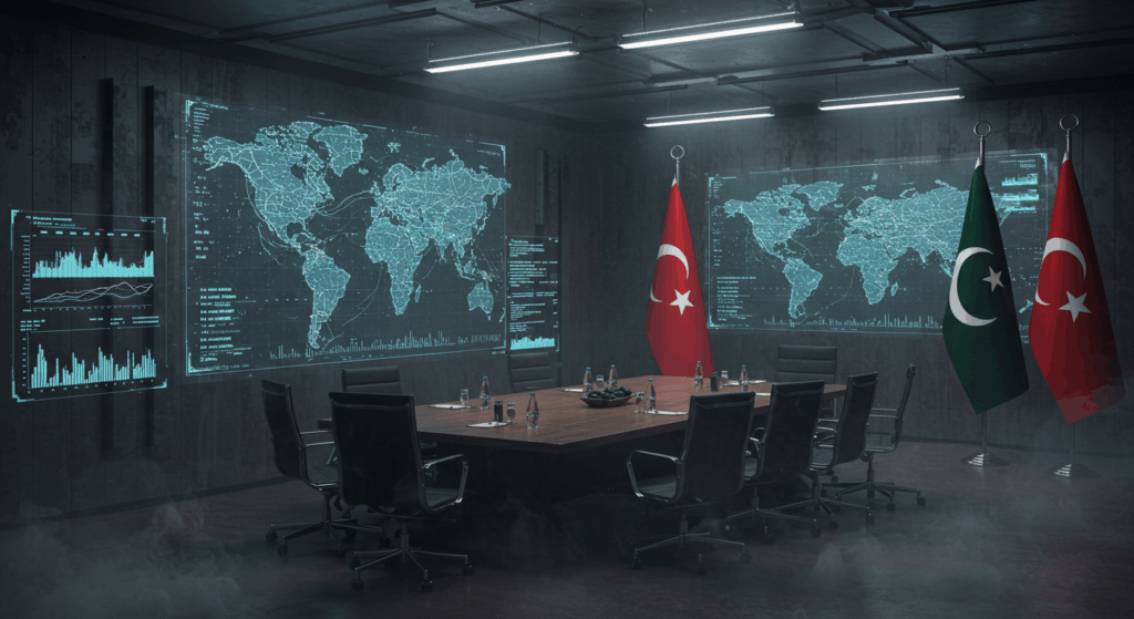 Diplomatic room with ceasefire maps for mediation section.