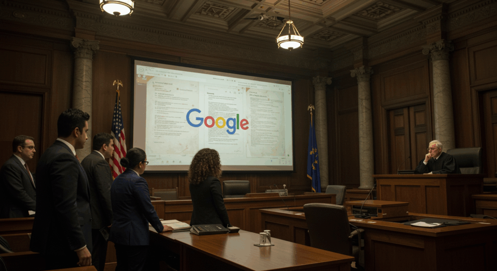A courtroom scene with lawyers and a judge, a large screen displaying Google’s logo and antitrust documents, ultra-detailed, cinematic lighting."