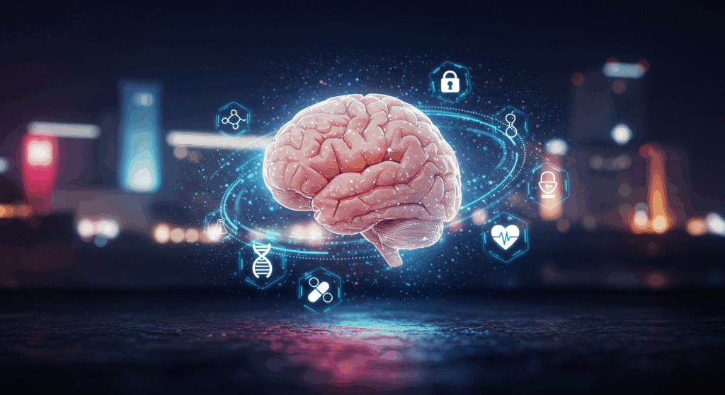 Digital brain symbolizing ethics in the AI healthcare revolution.