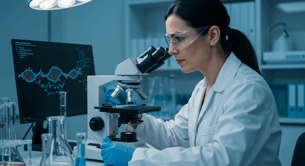 Scientist analyzing PCR test for COVID symptoms 2025 variants.


