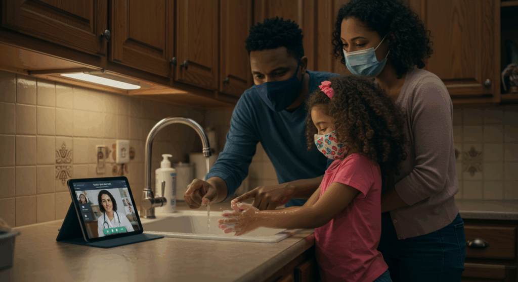Family preventing COVID symptoms 2025 with masks and telemedicine.

