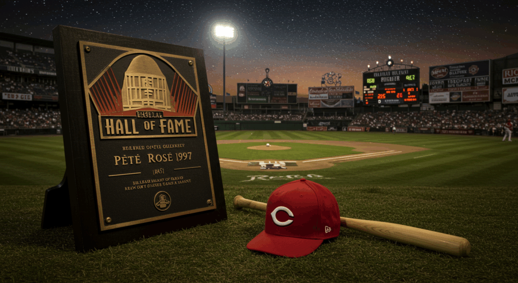 Pete Rose Hall of Fame plaque in a vintage baseball field setting.