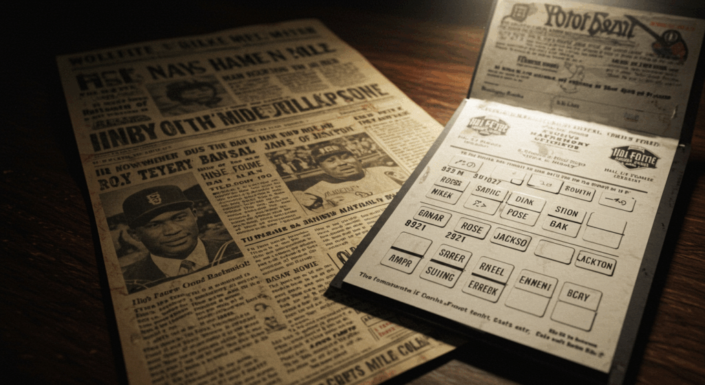 News clippings of bans fading to Pete Rose Hall of Fame ballot.