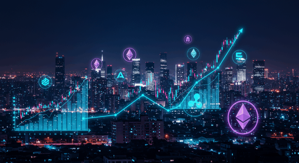 Futuristic cityscape with glowing holographic altcoin price charts, symbolizing the 2025 altcoin rally.