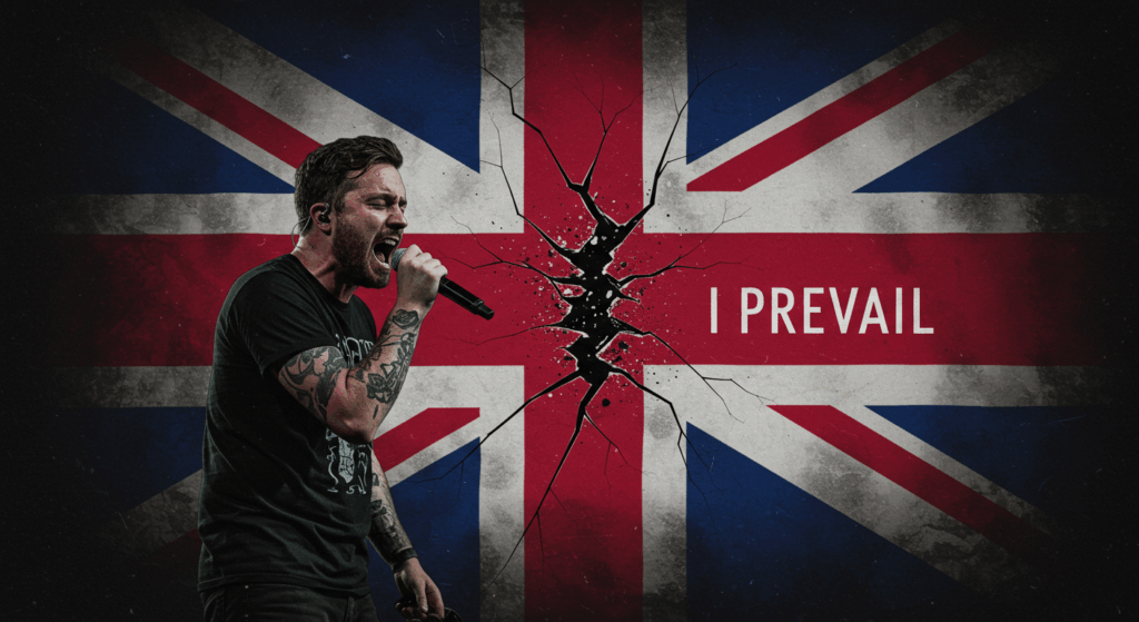 Digital artwork of Brian Burkheiser with a UK flag and splitting I Prevail logo, reflecting his exit.