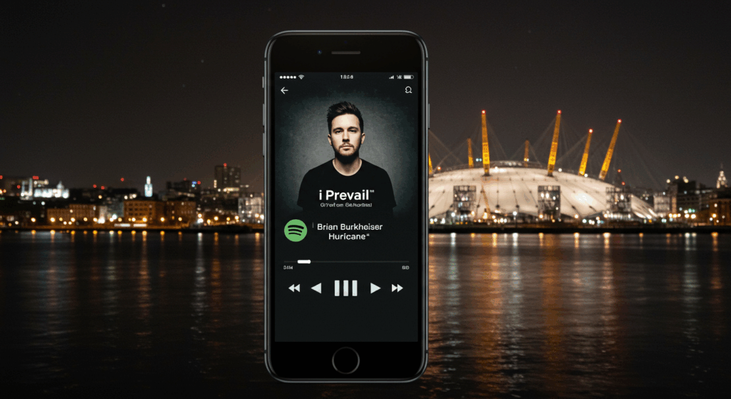 Smartphone streaming I Prevail’s “Hurricane” with London’s O2 Arena, linking Burkheiser to UK fans.
