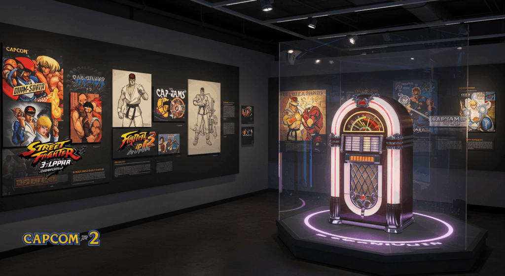 Capcom Fighting Collection 2 museum display with Street Fighter Alpha 3 Upper art, reflecting US gaming trend.